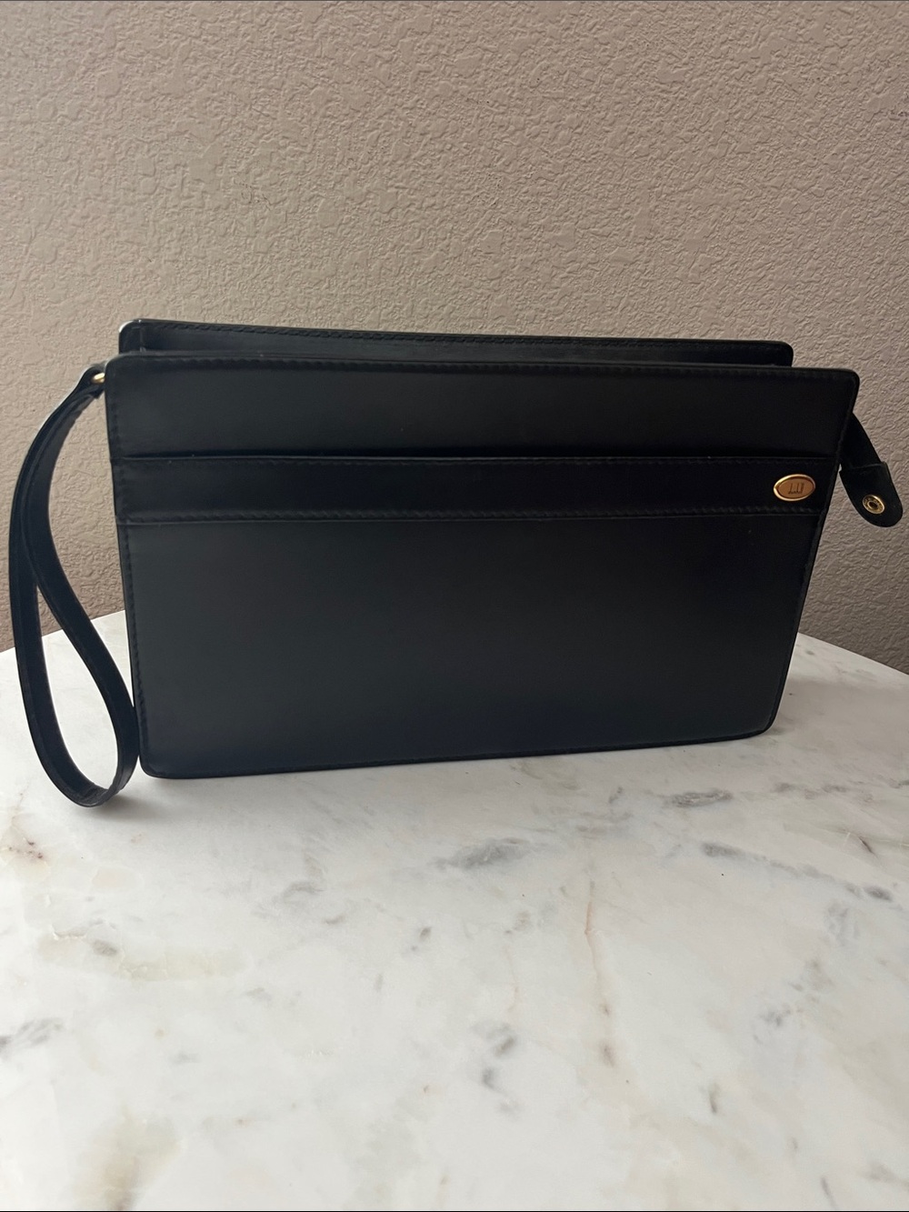 Dunhill Black Leather Wristlet Clutch with Gold Accent